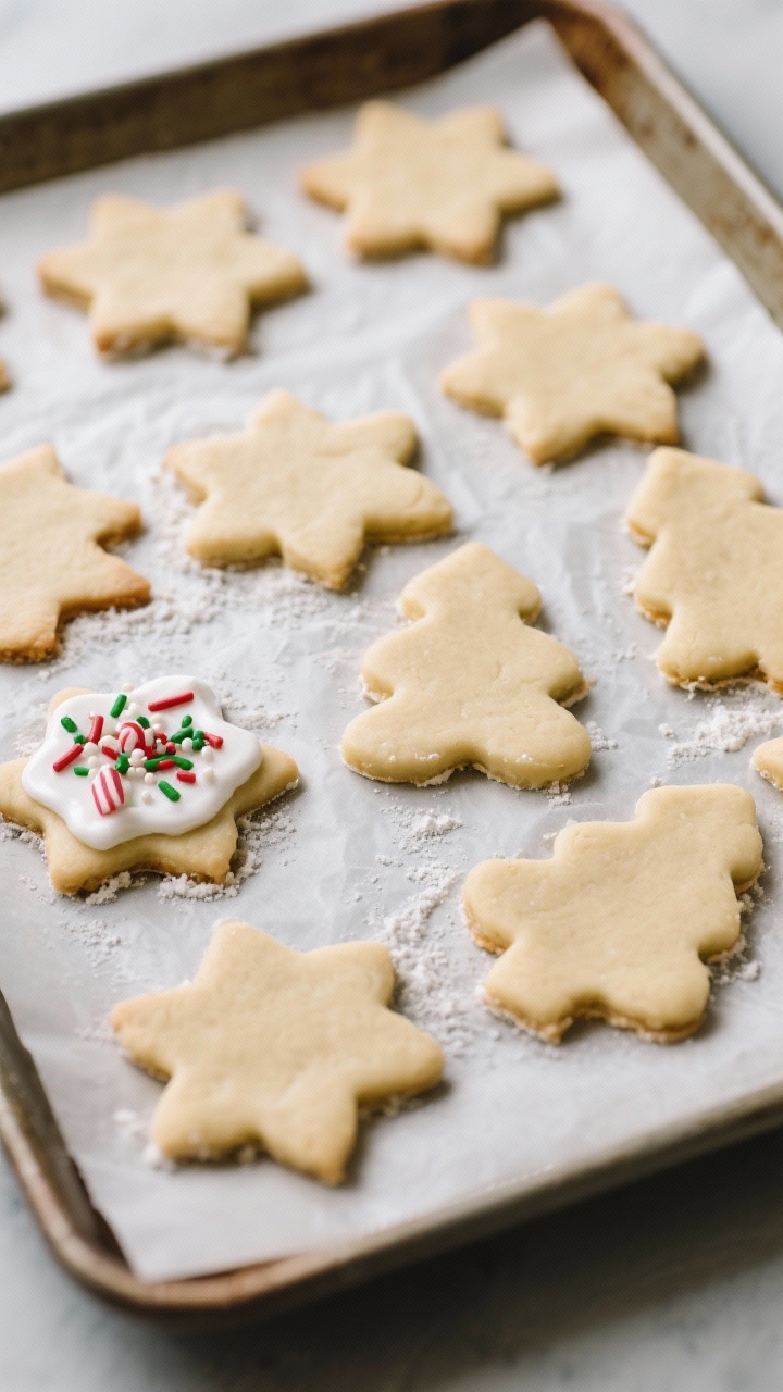 Overhead shot of rolled and cut vegan cookie shapes on parchment-lined baking sheet just before the 