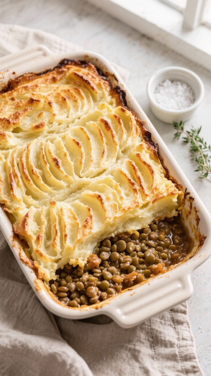 Overhead shot of the assembled Vegan Lentil Shepherd Pie just out of the oven: golden, lightly crisp