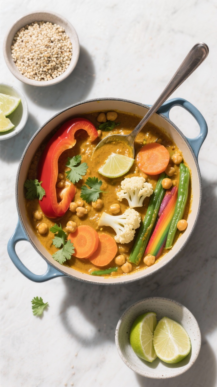 Overhead “tasty top view”: Top-down shot of the curry served family-style in a wide, shallow pot