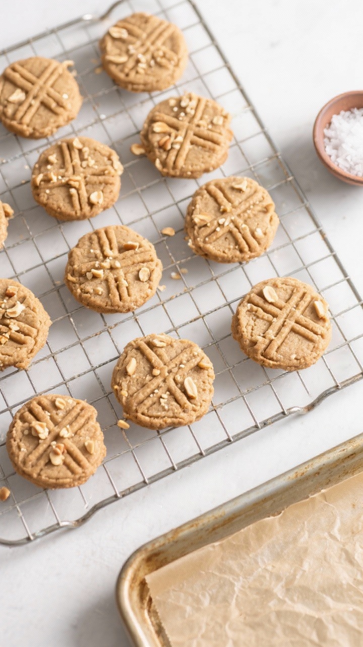 Overhead top-view shot: Cooling stage tableau of vegan peanut butter cookies arranged on a wire rack