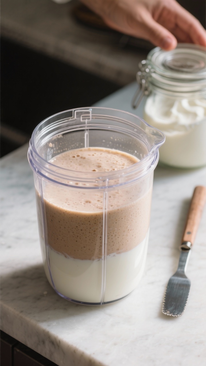 Process shot: Blender jar loaded in the correct layering order—milk at the bottom, then yogurt, wi