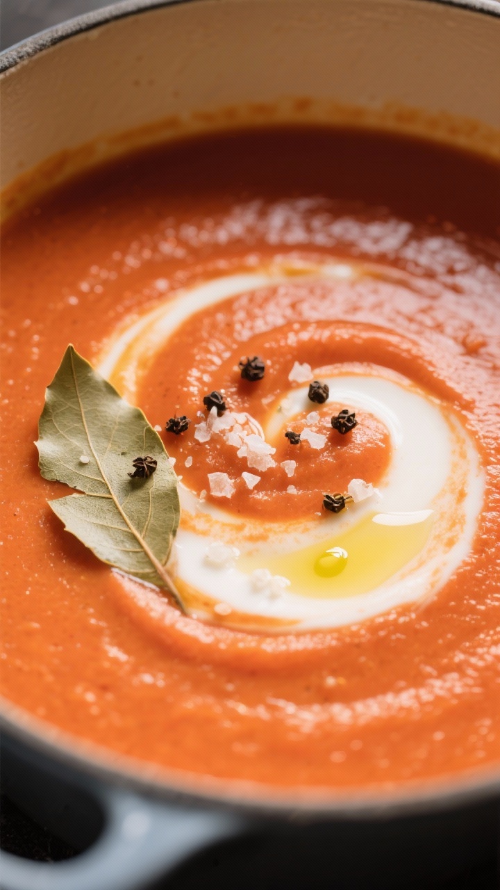 Silky blended soup detail: Extreme close-up of smooth vegan tomato soup in the pot right after blend