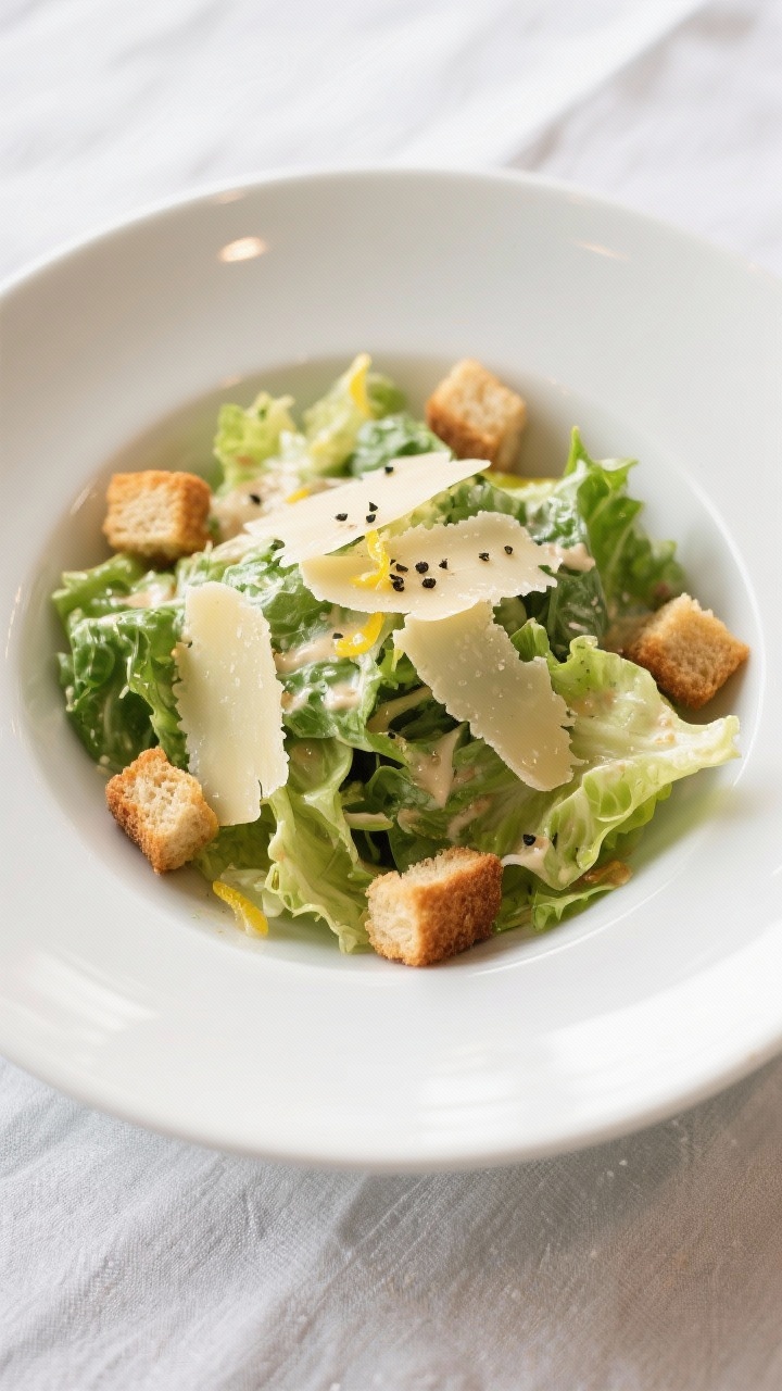 Tasty top view: Final Classic Caesar Salad plated in a wide, shallow white bowl—crisp romaine leav
