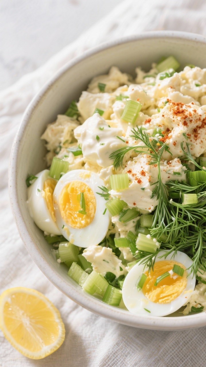 Tasty top view: Overhead shot of a creamy egg salad mixing bowl just after folding in finely chopped