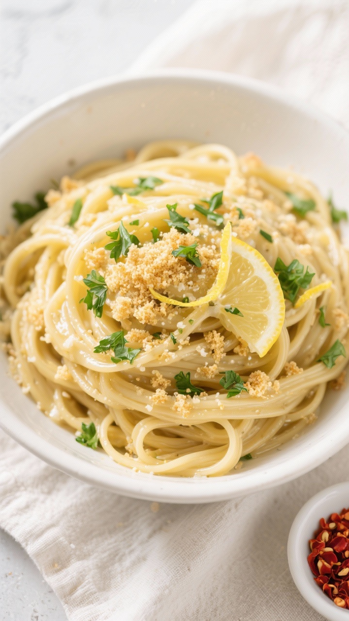 Tasty top view: Overhead shot of a finished bowl of Vegan Garlic Butter Pasta—linguine piled high,