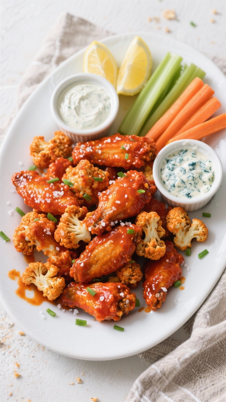 Tasty top view: Overhead shot of a game-day platter of Vegan Cauliflower Buffalo Wings arranged in a