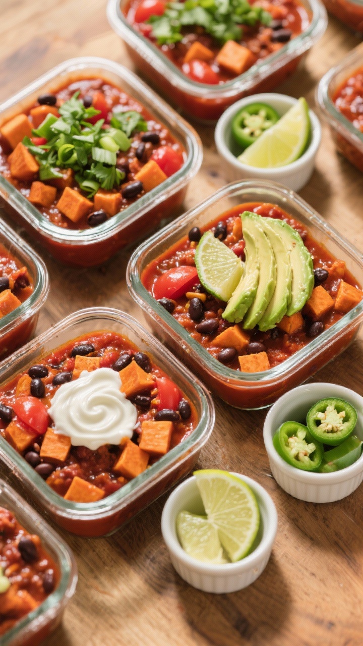 Tasty top view — Overhead shot of a meal-prep spread: multiple glass containers filled with the co