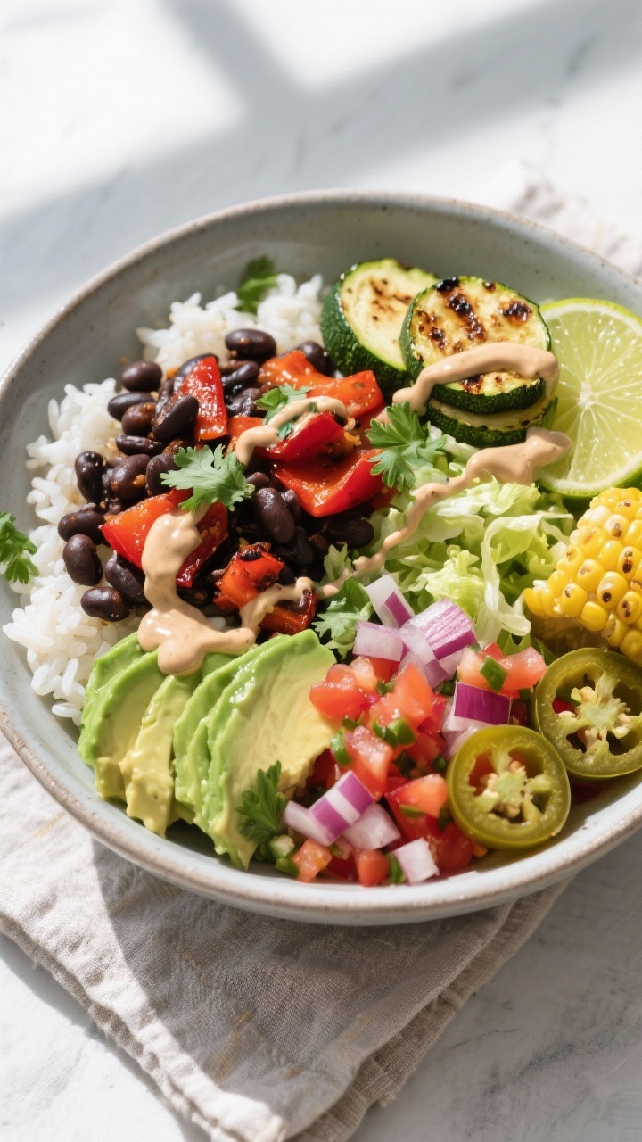 Tasty top view: Overhead shot of a vibrant vegan burrito bowl assembled with a base of fluffy white 