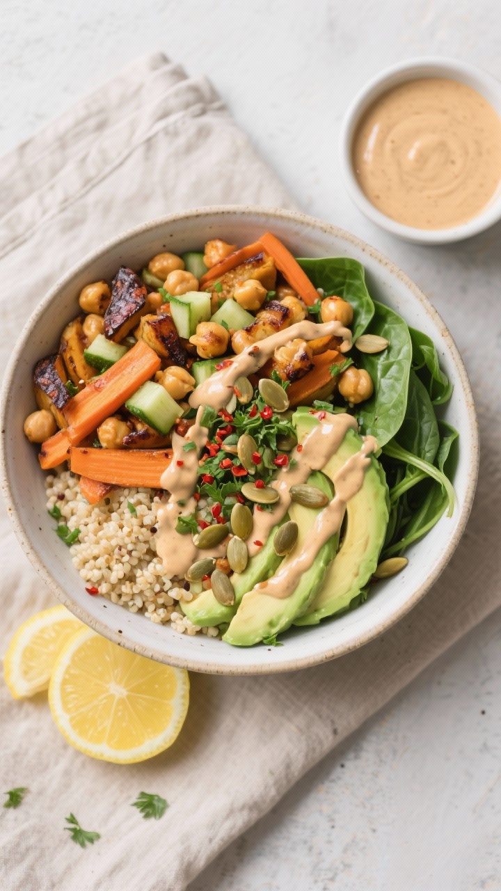 Tasty top view: Overhead shot of an assembled Vegan Buddha Bowl with fluffy quinoa base, a generous 
