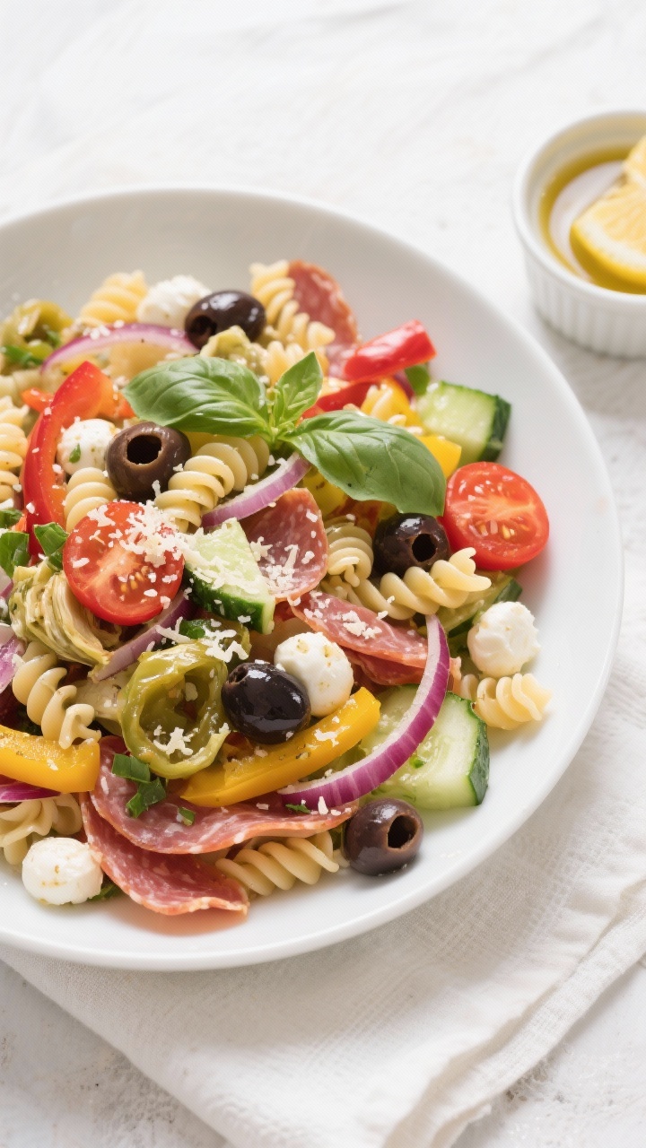 Tasty top view: Overhead shot of Italian pasta salad fully combined and chilled in a wide, low white