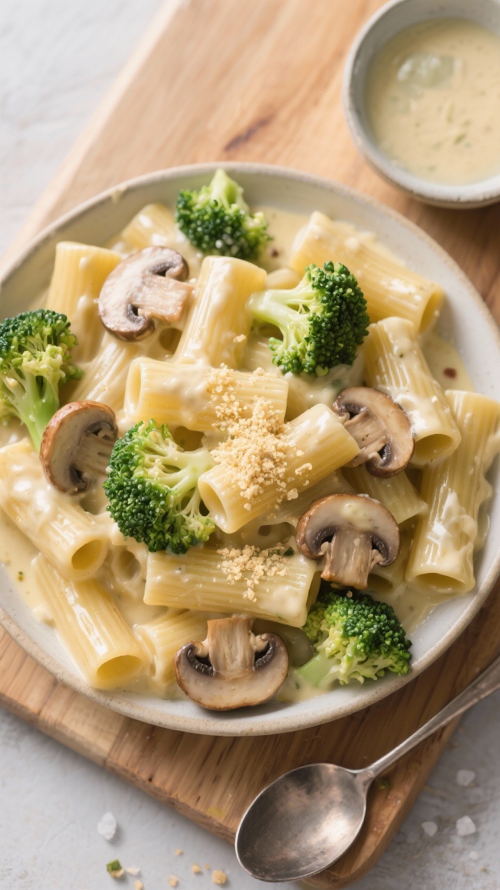 Tasty top view: Overhead shot of rigatoni Alfredo with sautéed mushrooms and broccoli florets folde