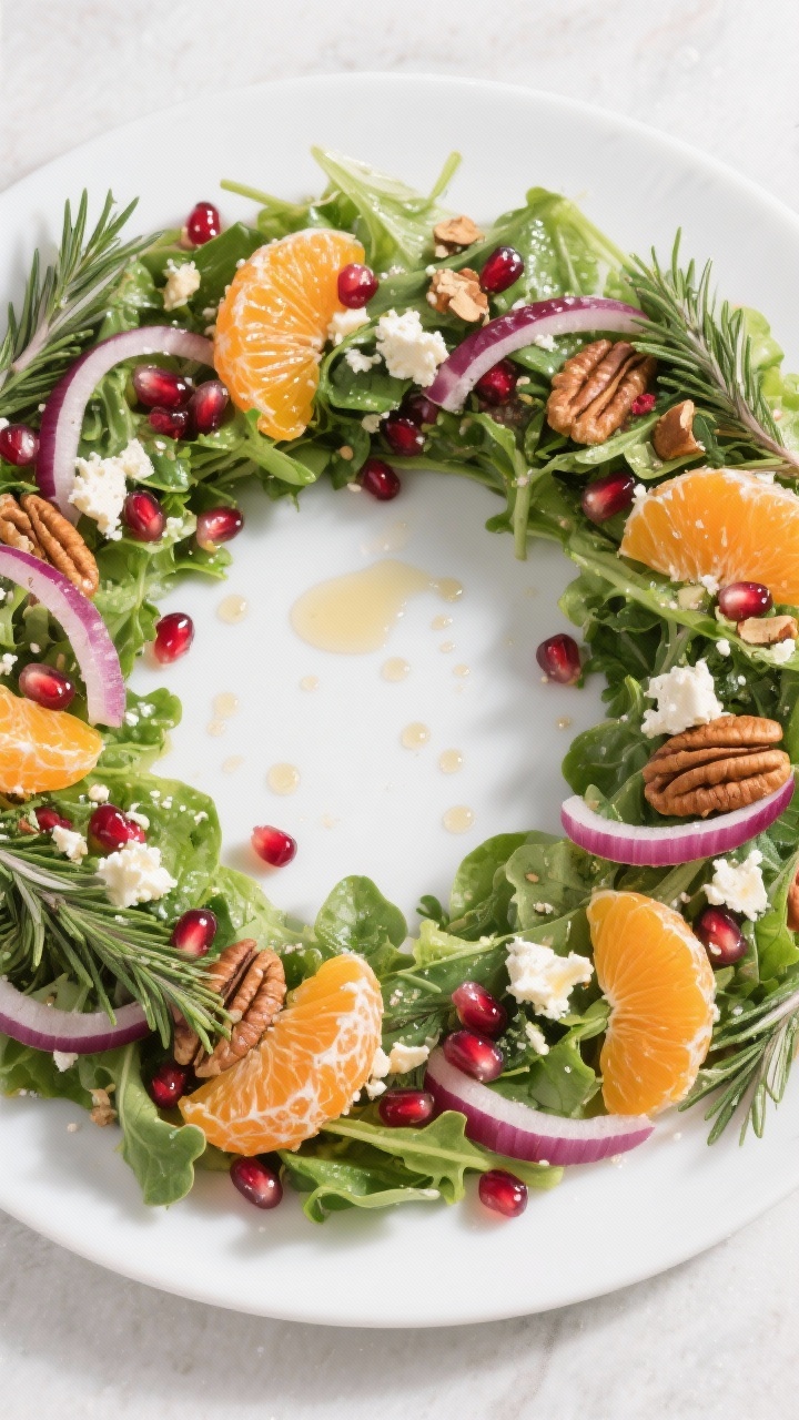 Tasty top view: Overhead shot of the assembled Christmas Wreath Salad on a 14-inch white round platt