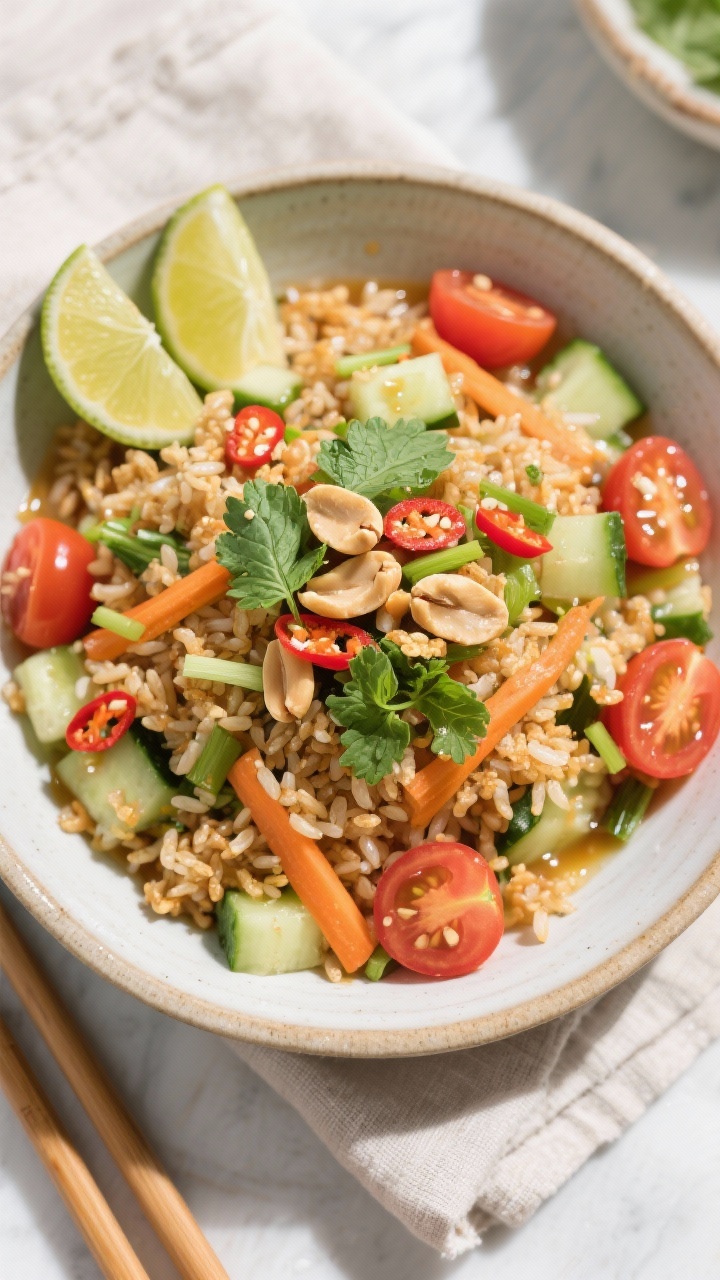 Tasty top view: Overhead shot of the assembled crispy rice salad in a wide, shallow ceramic bowl—w