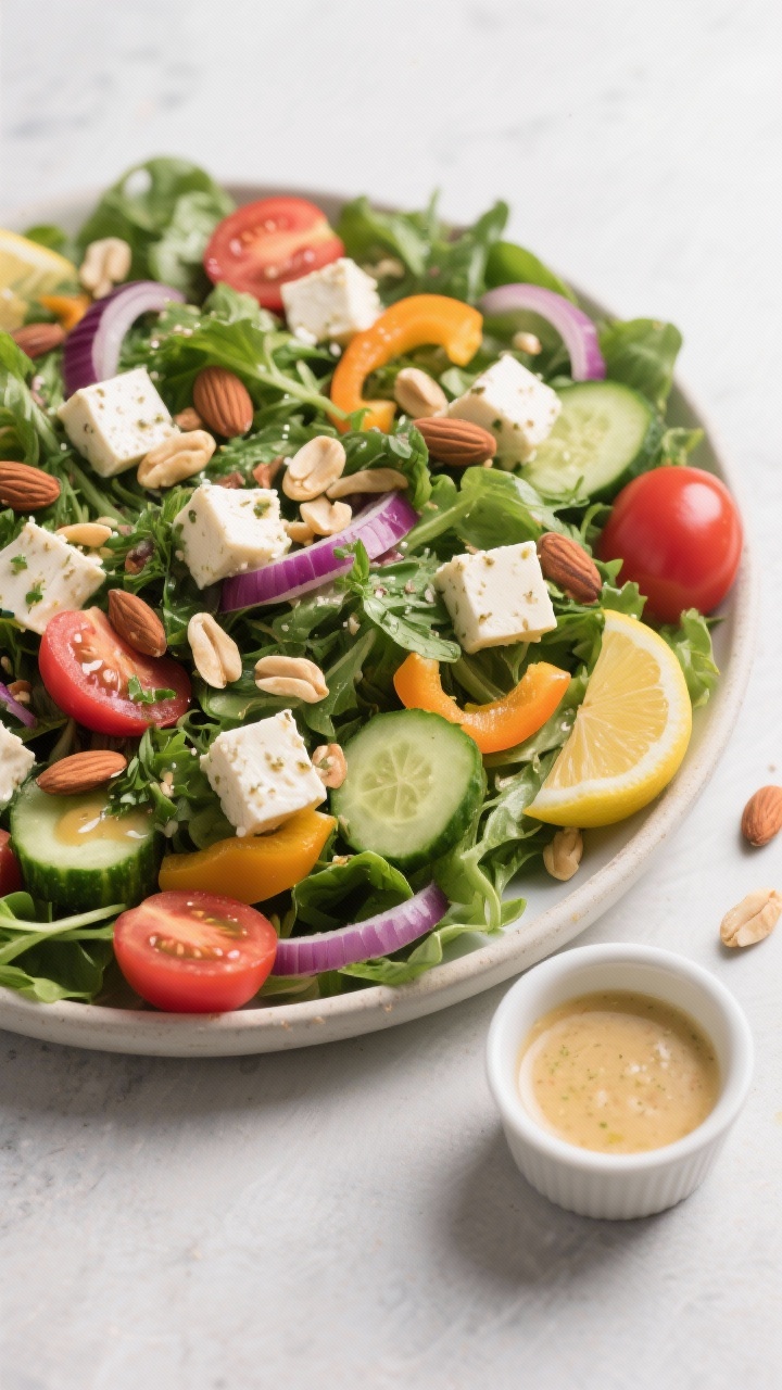 Tasty top view: Overhead shot of the assembled salad just before serving—greens tossed with half t