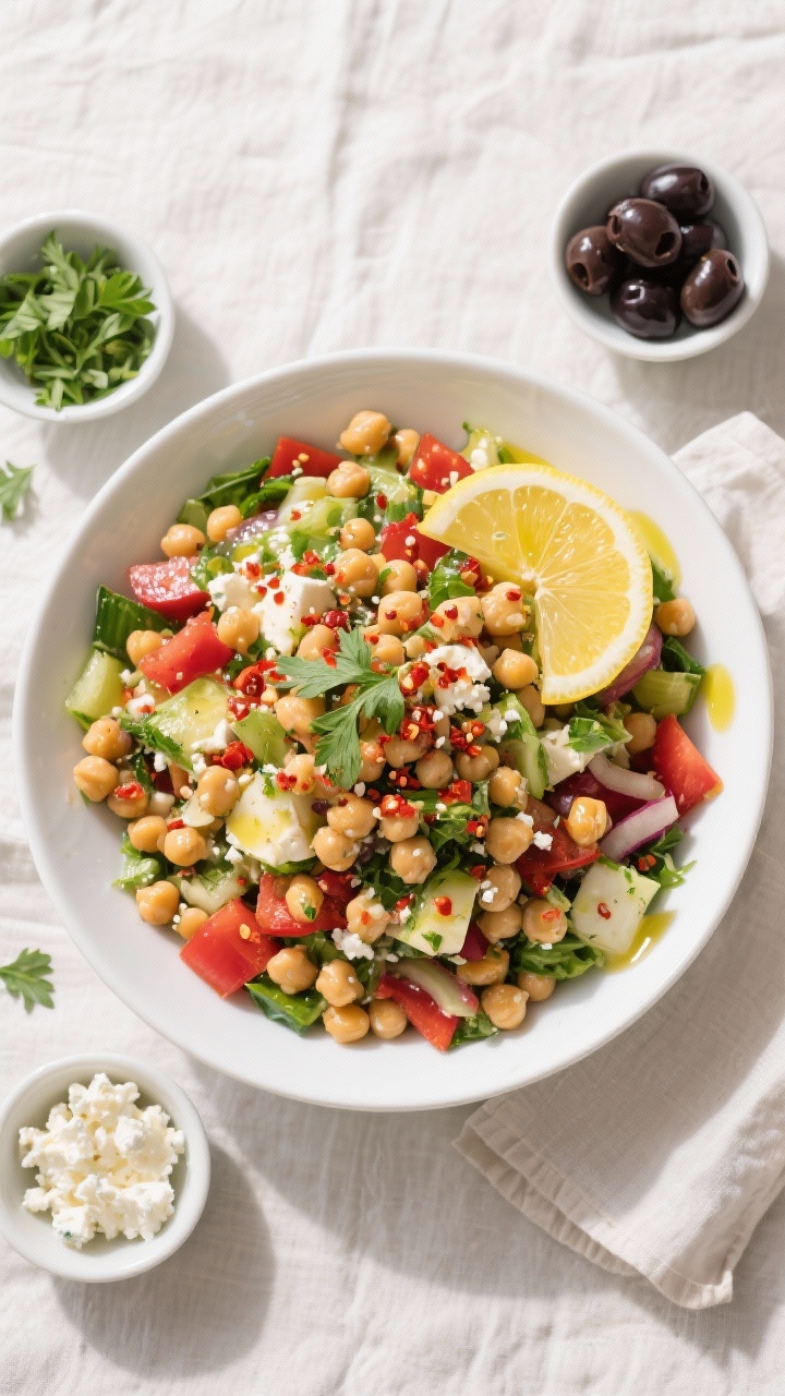 Tasty top view: Overhead shot of the final chickpea salad plated family-style in a wide white servin