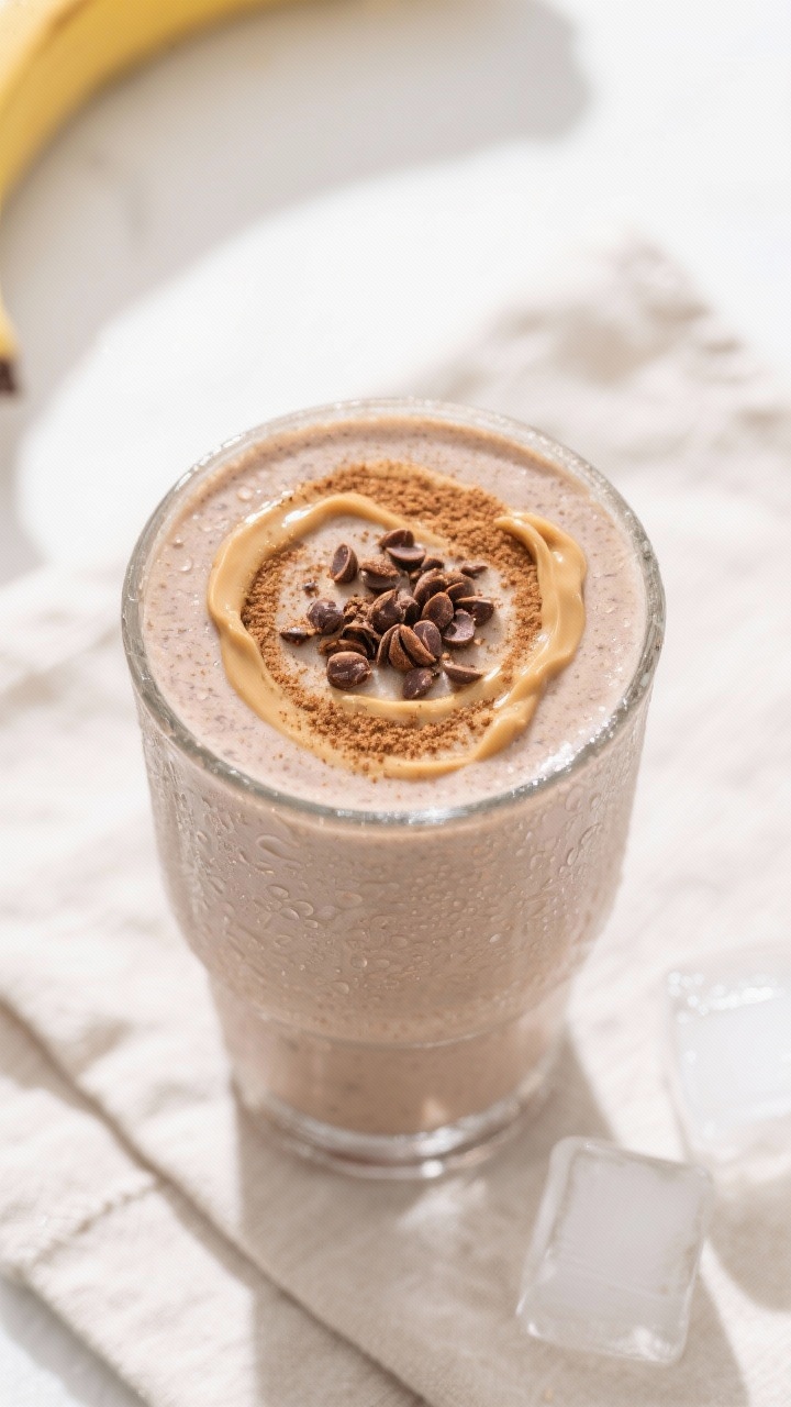 Tasty top view: Overhead shot of the finished Banana Date Smoothie in a wide tumbler, topped with a 