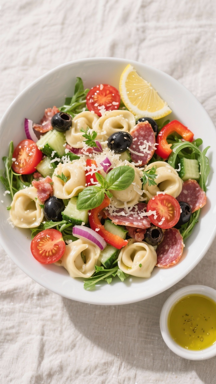 Tasty top view: Overhead shot of the finished creamy tortellini pasta salad in a wide, low white ser