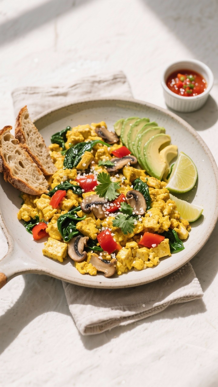 Tasty top view: Overhead shot of the finished high-protein vegan tofu scramble plated family-style i