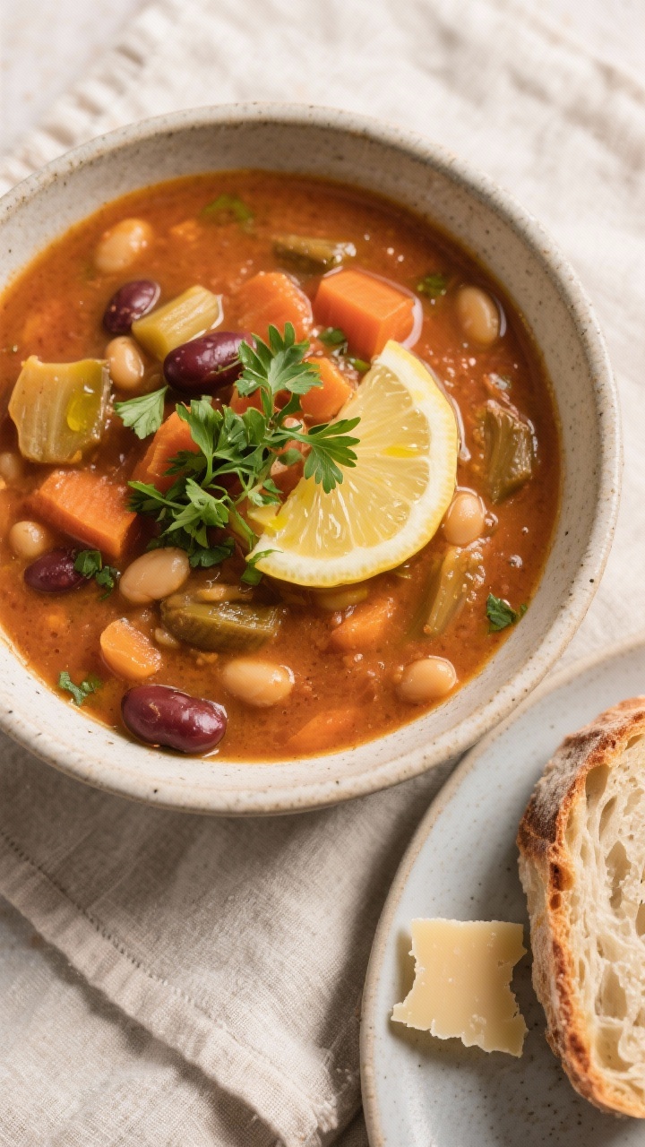 Tasty top view: Overhead shot of thick vegetable soup after partial blending, showing a creamy, rust