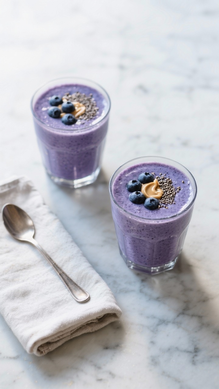 Tasty top view: Overhead shot of two finished Blueberry Almond Smoothies in clear tumblers, deep blu