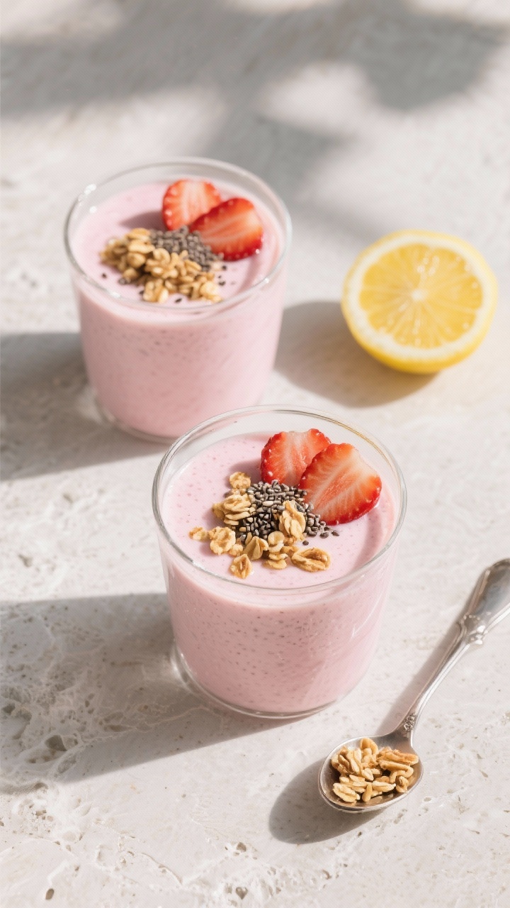 Tasty top view: Overhead shot of two strawberry yogurt smoothies in simple clear tumblers, smooth pa