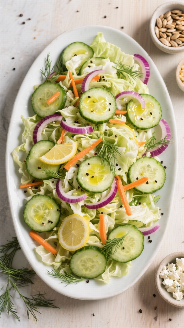 Tasty top-view shot: Overhead shot of the Cabbage Cucumber Salad arranged family-style on a wide pla