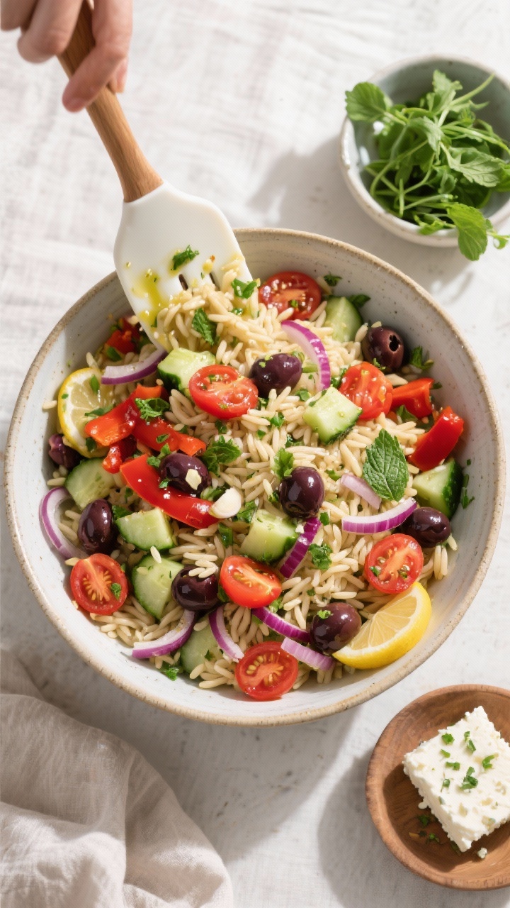 Tasty top view — tossing the salad together: Overhead shot of a large ceramic mixing bowl filled w