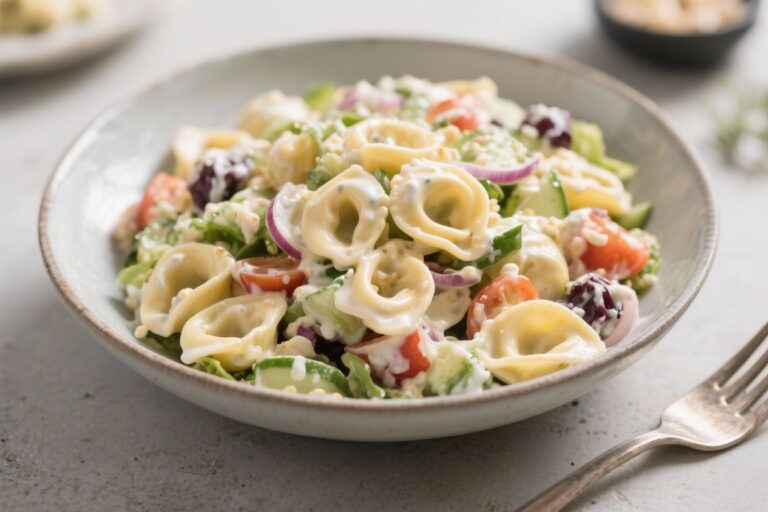 Delicious 5-Min Creamy Tortellini Pasta Salad Recipe!