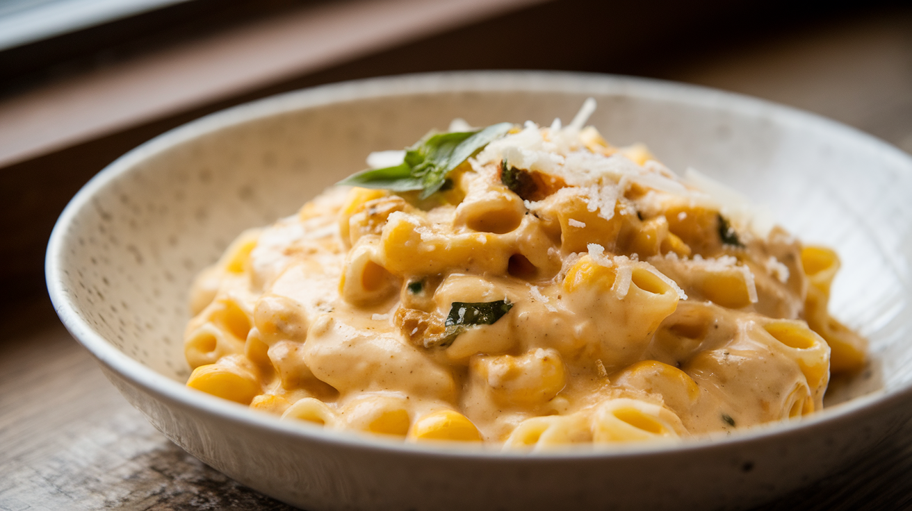 close up of creamy corn pasta in a white xlmay808rfweyxtkkz1zfq xdz1w8mtve7 cdn 7ncaq hd