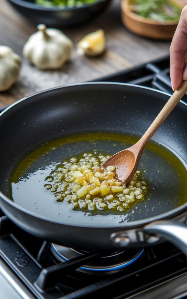 garlic sauteing in olive oil in pan gold uczn 3vhrxyn58mlygmk8q kply1fcerycp3hify kpcq hd